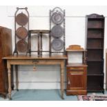 A 20th century oak single drawer hall table, mahogany bedside table, oak narrow bookcase, two