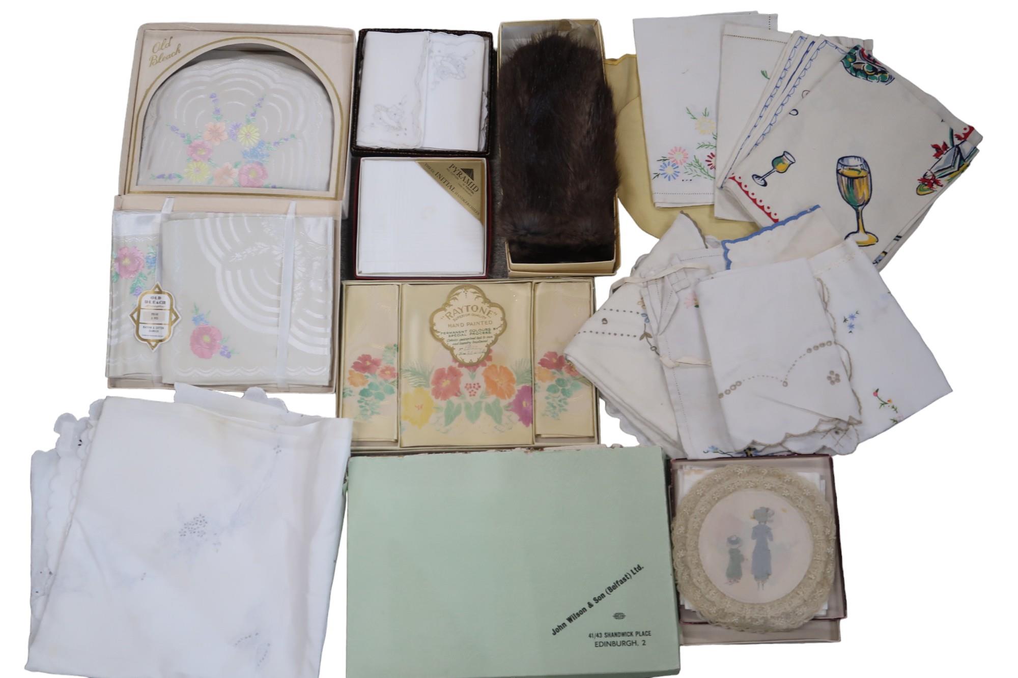 Boxed and loose table linen, handkerchiefs etc Condition Report:Available upon request