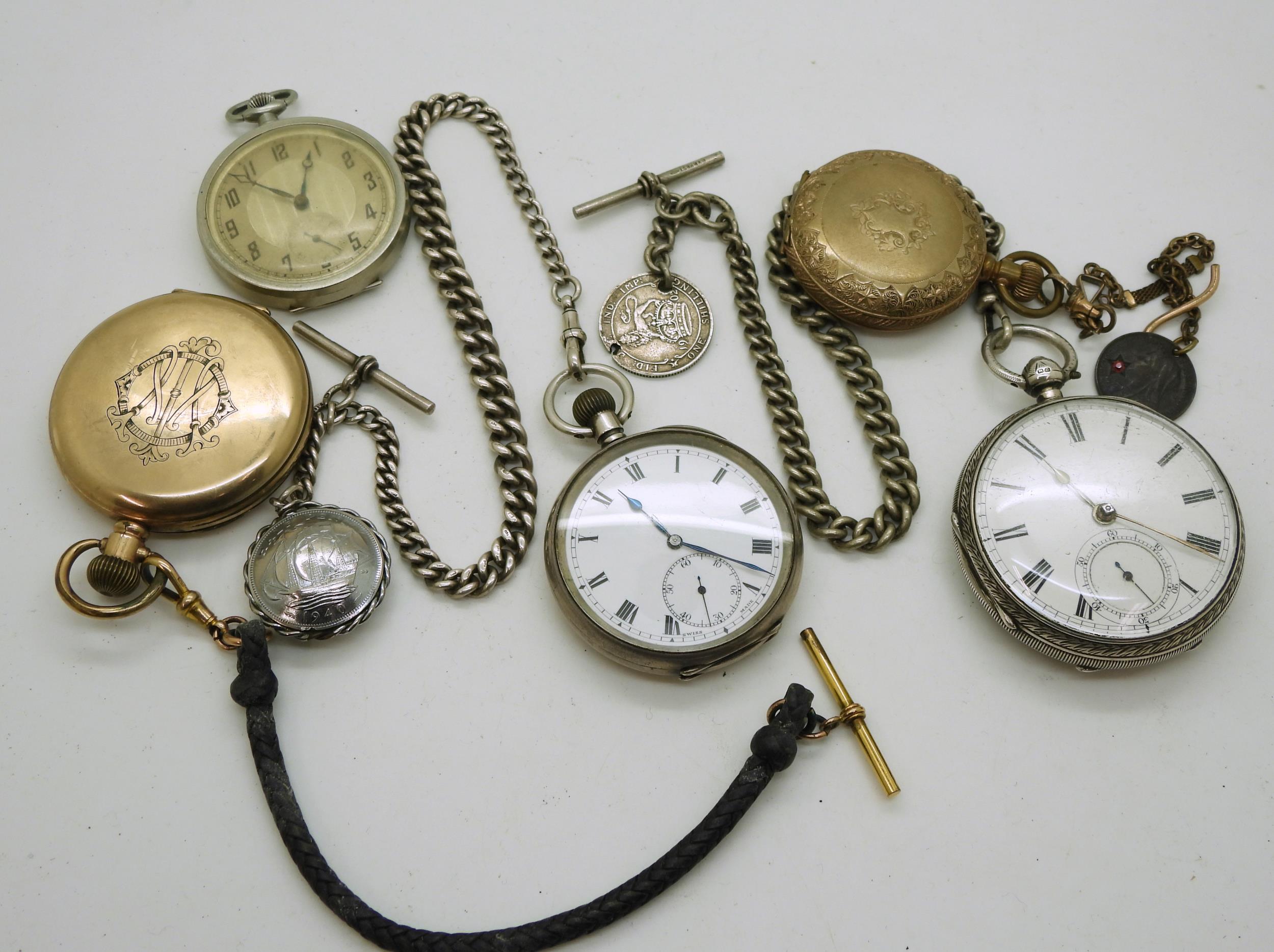 A collection of pocket watches, a silver open face pocket watch, hallmarked 1891, with base metal - Image 2 of 5