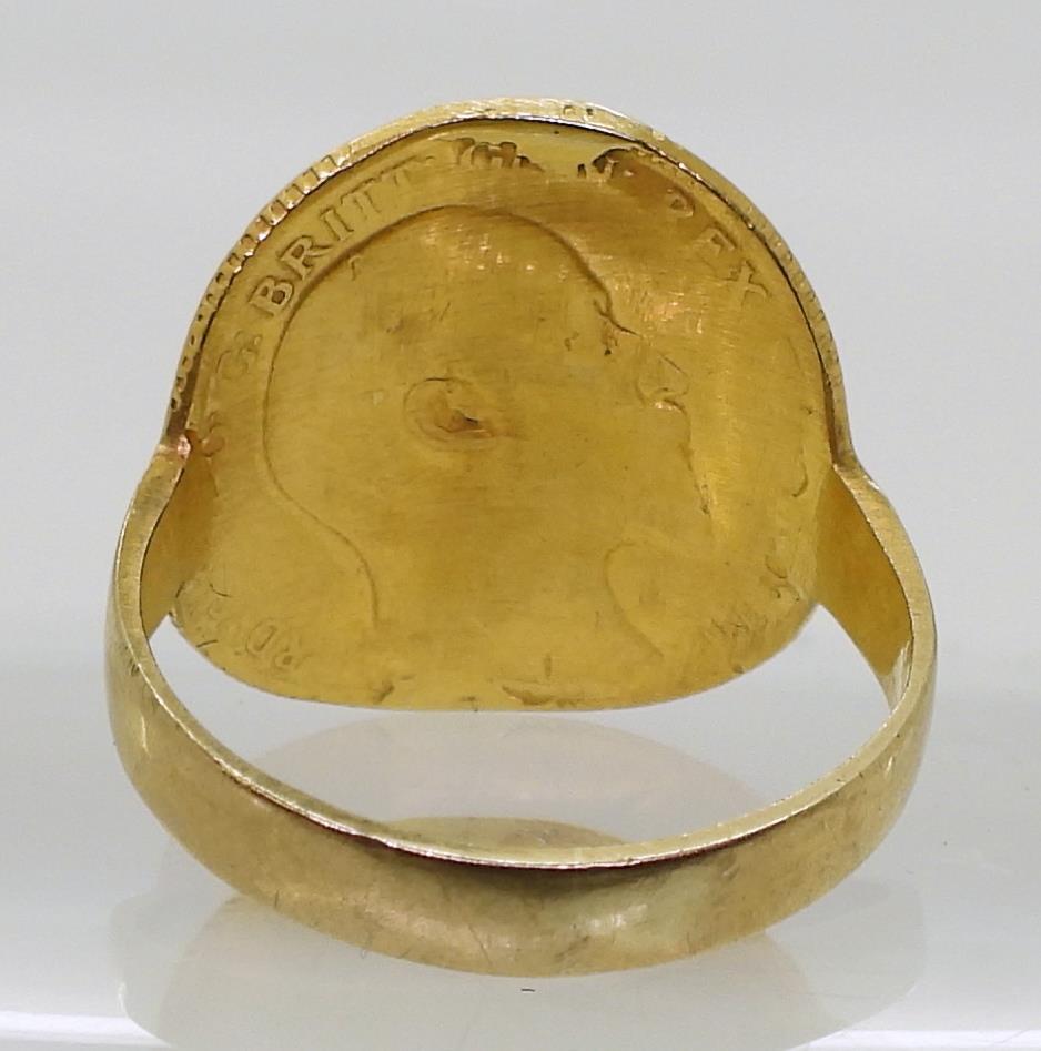A 1910 gold half sovereign with a soldered on 9ct shank, size P, weight 5.1gms, Condition Report: - Image 3 of 3