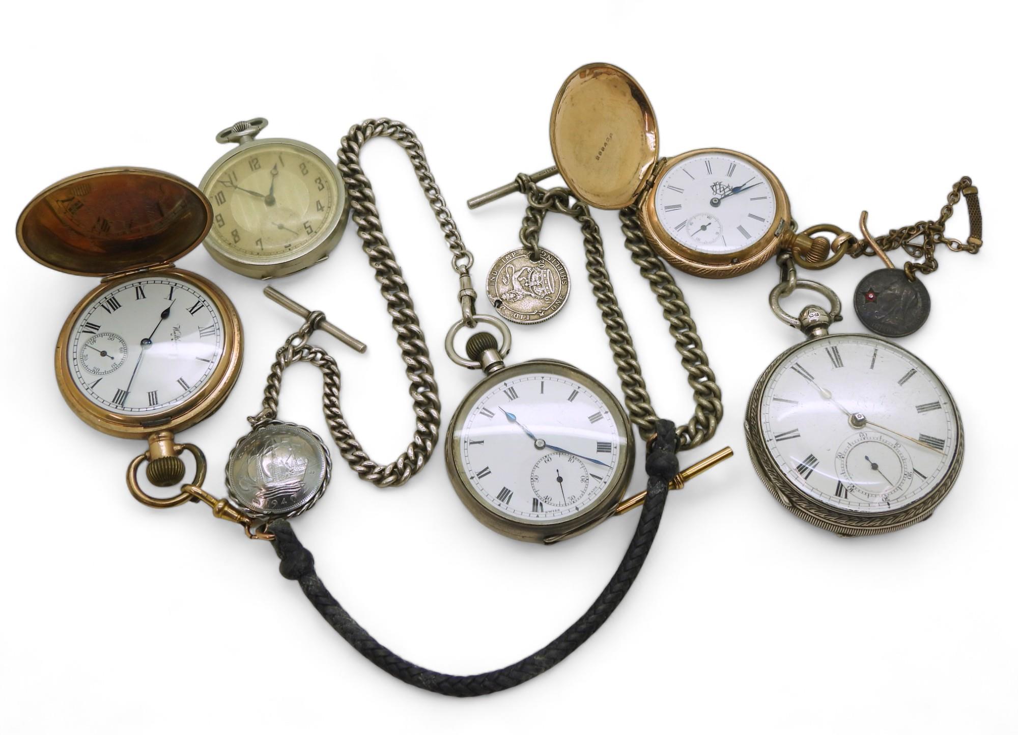 A collection of pocket watches, a silver open face pocket watch, hallmarked 1891, with base metal