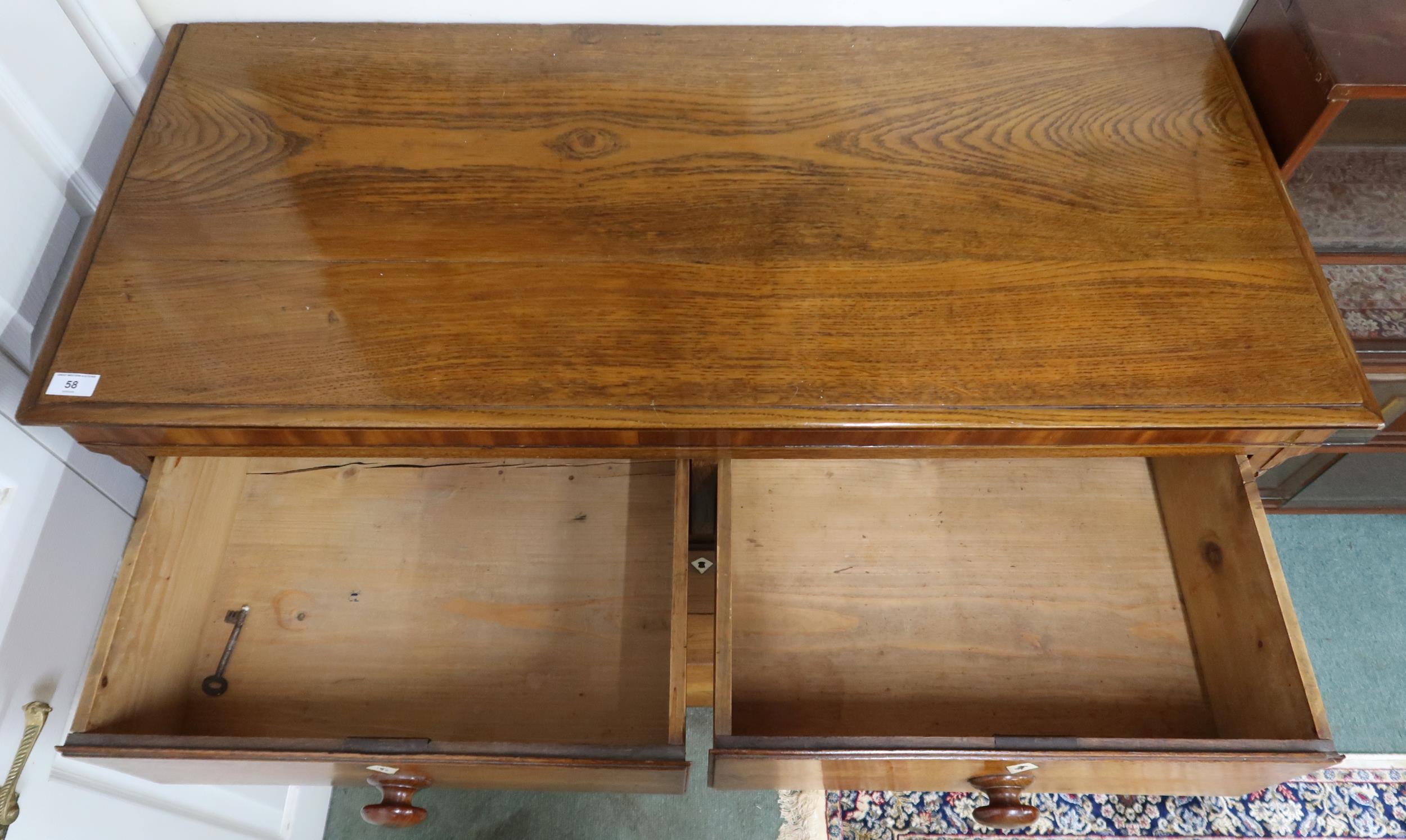 A 19th century oak two over three chest on chest top with moulded cornice over drawers with turned - Image 2 of 2