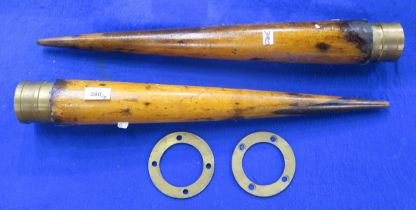 Two maritime rope worker's fids, each with brass mounting ring and measuring approx. 61cm in