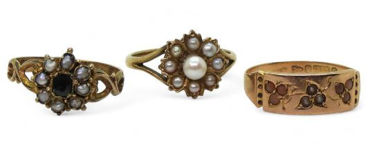 A 9ct rose gold coral and pearl ring, hallmarked Chester 1890, size P1/2, a 9ct pearl flower ring,