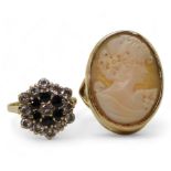 A 9ct gold cameo ring, size Q, together with a sapphire and clear gem set cluster ring size O1/2,