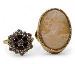 A 9ct gold cameo ring, size Q, together with a sapphire and clear gem set cluster ring size O1/2,