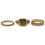 Two 9ct gold wedding rings, both size J, and a 9ct signet ring, size O, weight combined 6.6gms