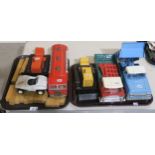 Tonka toy vehicles, comprising two bulldozers, a hydraulic dumper truck and a flatbed truck,