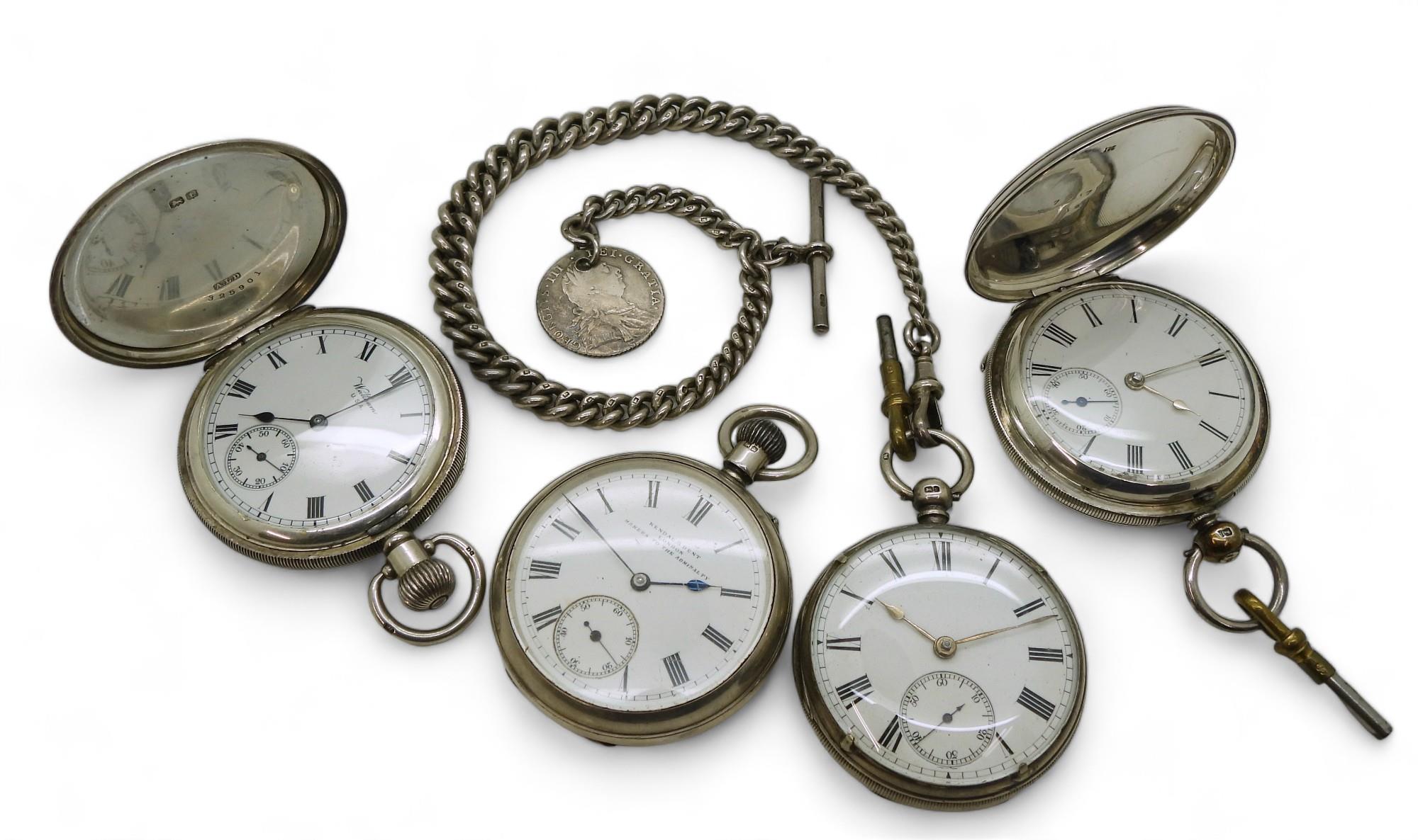 Four silver pocket watches, a silver full hunter, hallmarked London 1876, a Waltham full hunter ,
