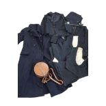 A Civil Defence great coat, a leather collar box, black three piece suit, black mourning coat,