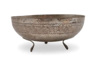 A stamped S800 continental white metal bowl, with a band of floral decoration, on three upright