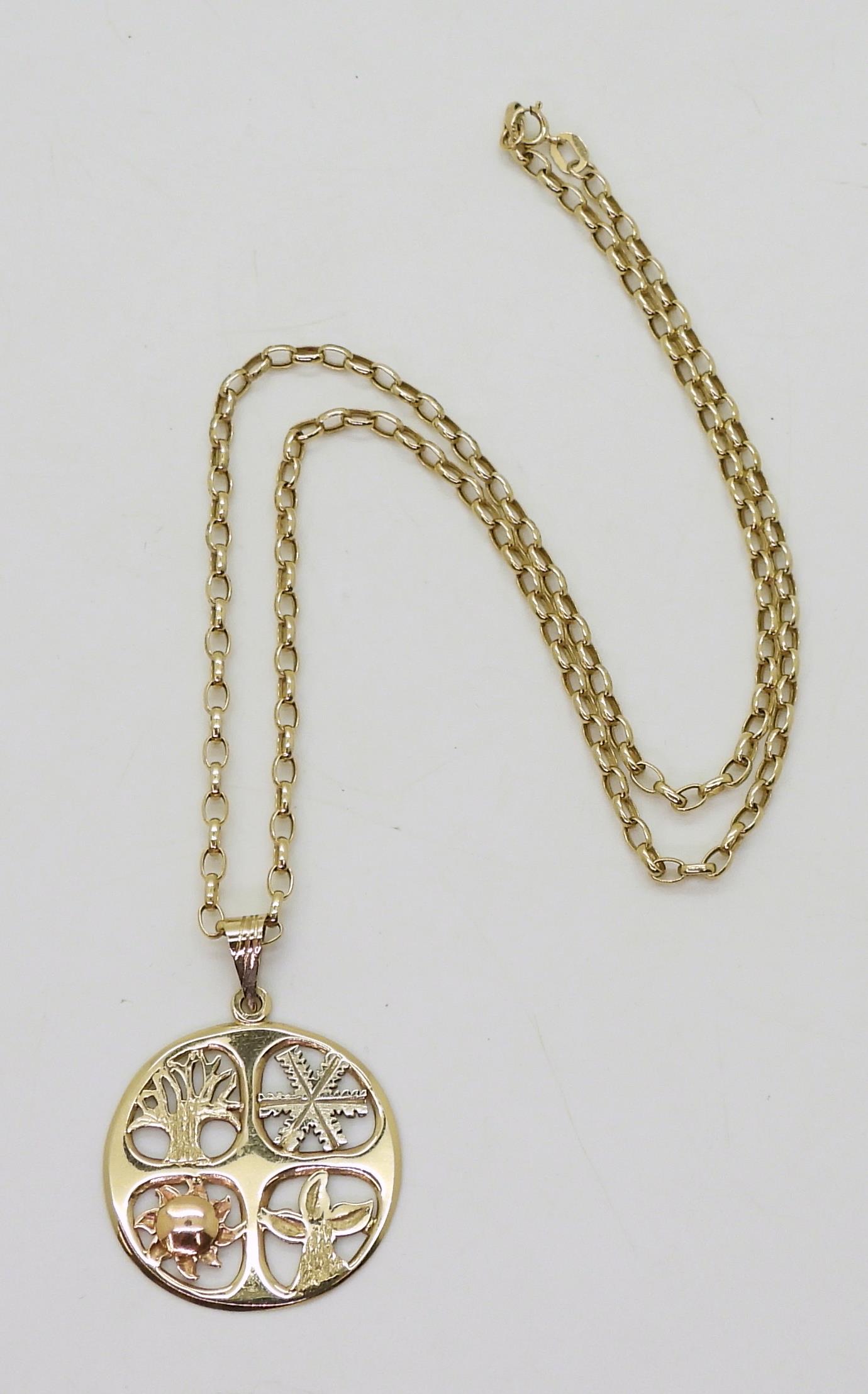 A 14k three colour gold Four Seasons pendant weight 4.7gms, together with a 9ct gold 45cm belcher - Image 2 of 2