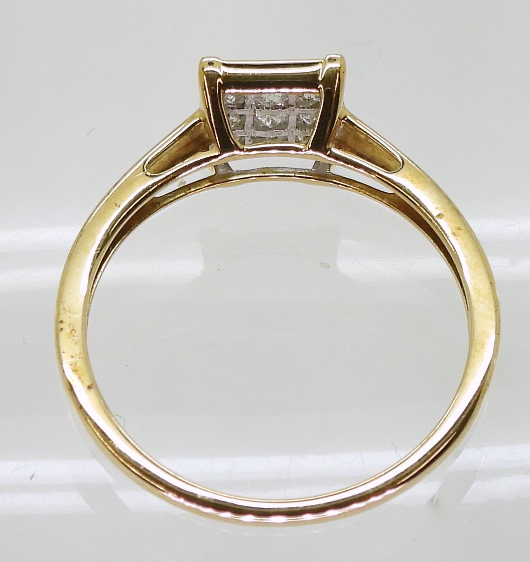 A 9ct gold princess cut diamond cluster ring, set with nine diamonds with an estimated approximate - Image 3 of 3