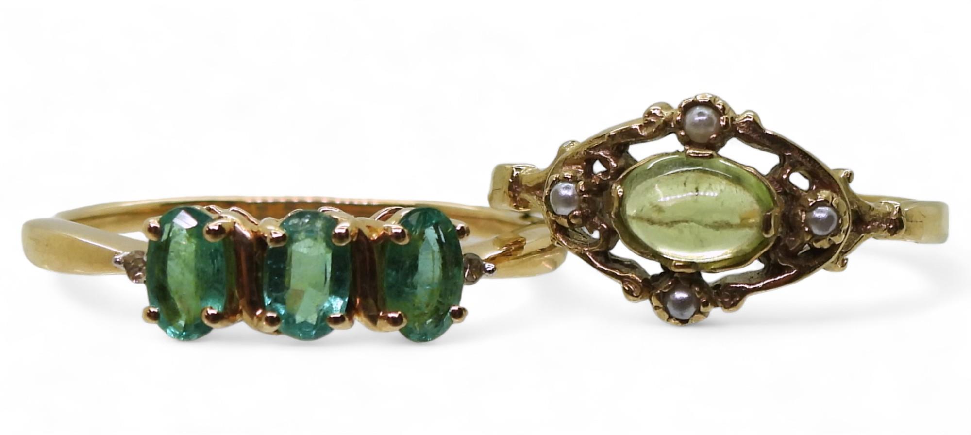A 9ct gold apatite and diamond ring, size S, together with a 9ct gold peridot and faux pearl ring,