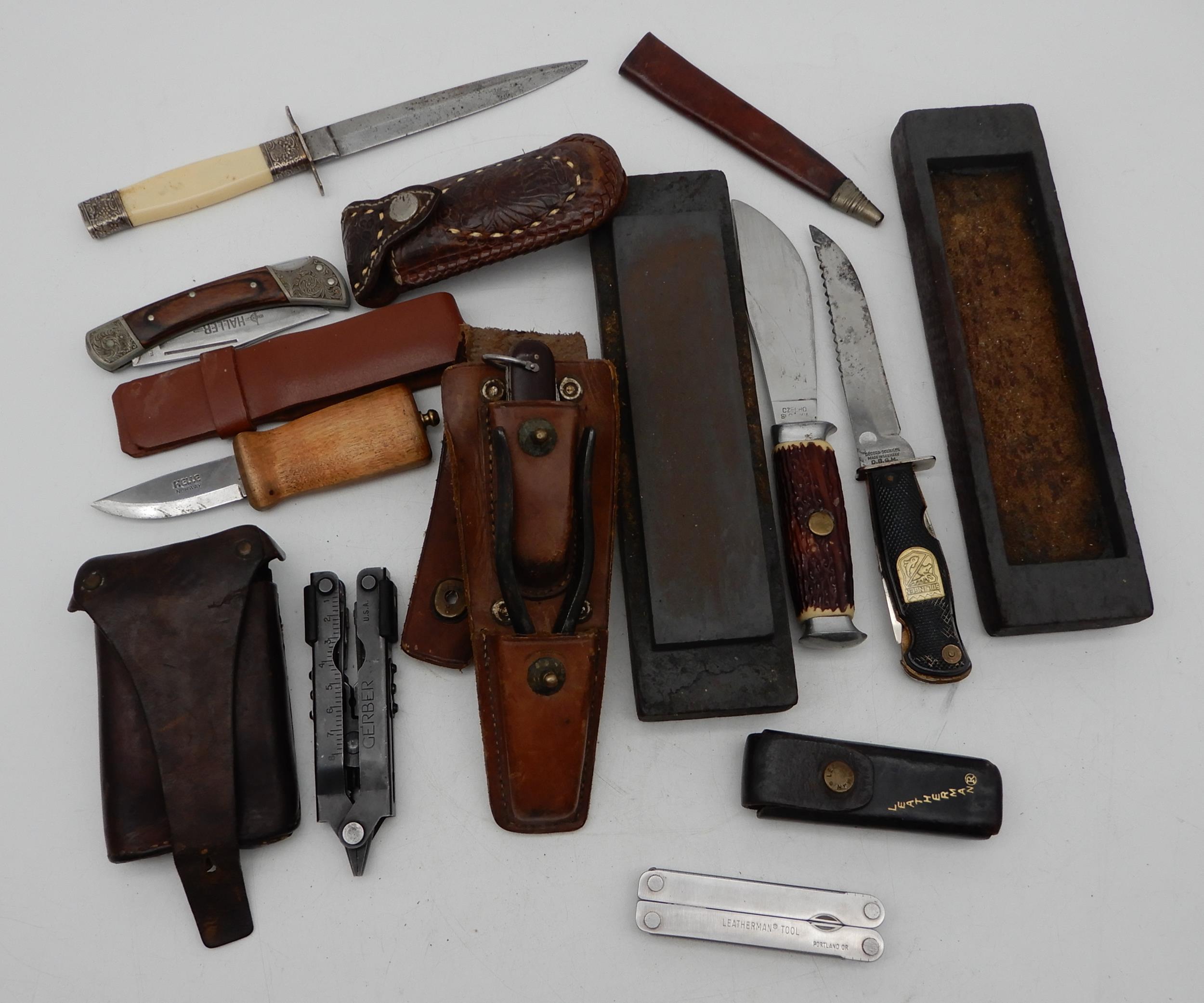 A lot comprising a Leatherman, Gerber multi tool, wood knives and a sharpening stone etc Condition - Image 2 of 2