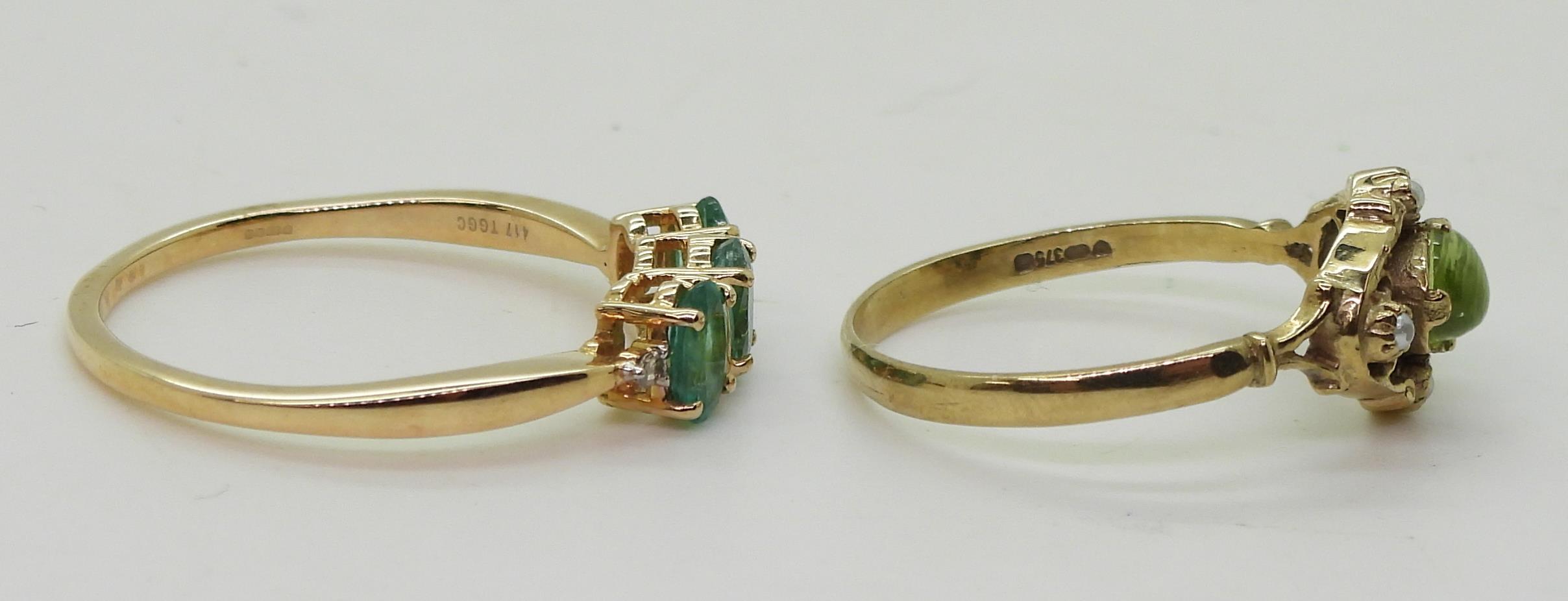 A 9ct gold apatite and diamond ring, size S, together with a 9ct gold peridot and faux pearl ring, - Image 3 of 4