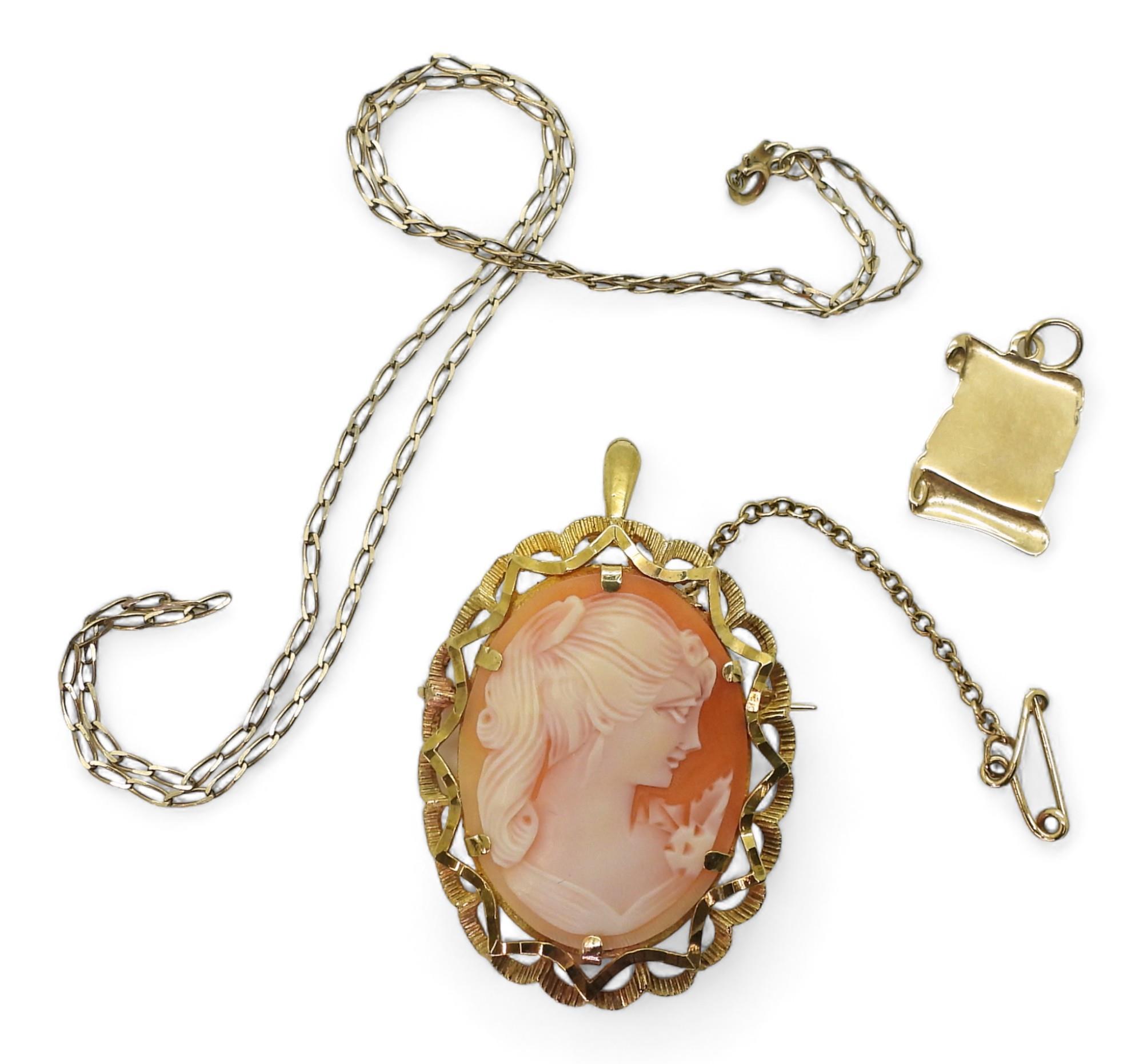 A 9ct gold cameo pendant brooch, together  with a 40cm chain and yellow metal prayer charm, weight