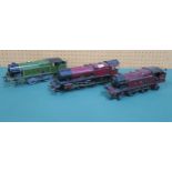 A Hornby 0-gauge 4-6-0 Royal Scot locomotive, a 4-4-2 locomotive with tender in LMS livery and an