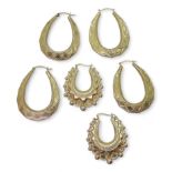 Three pairs of large 9ct gold creole hoop earrings, fancy pattern length 3.8cm, oval 4.2cm, weight