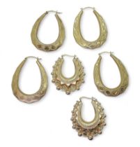 Three pairs of large 9ct gold creole hoop earrings, fancy pattern length 3.8cm, oval 4.2cm, weight