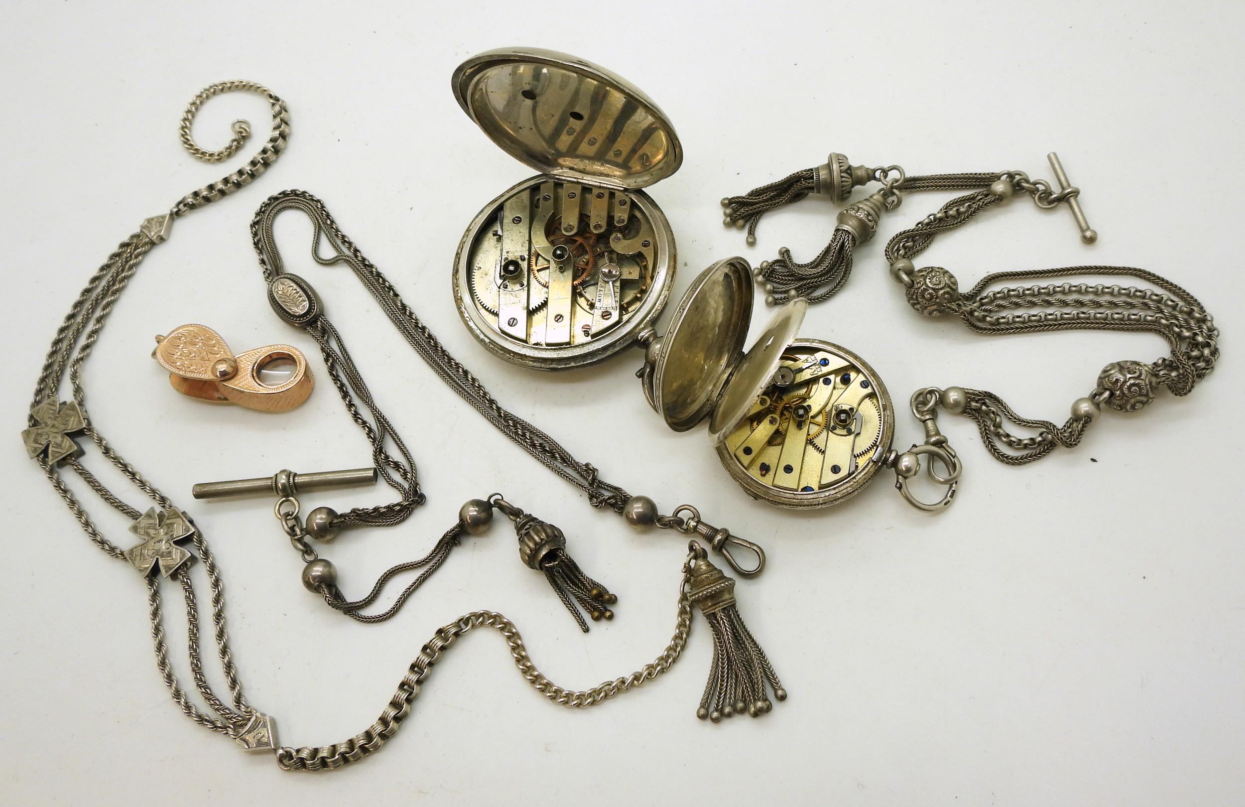 A white metal full hunter 'Patent Lever' pocket watch, a continental silver fob watch, with a - Image 3 of 3
