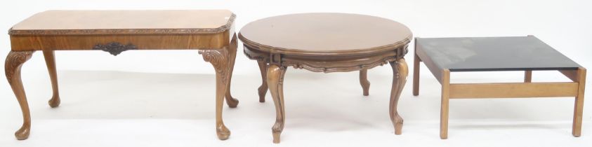 A lot comprising a 20th century burr walnut veneered coffee table, another circular coffee table and