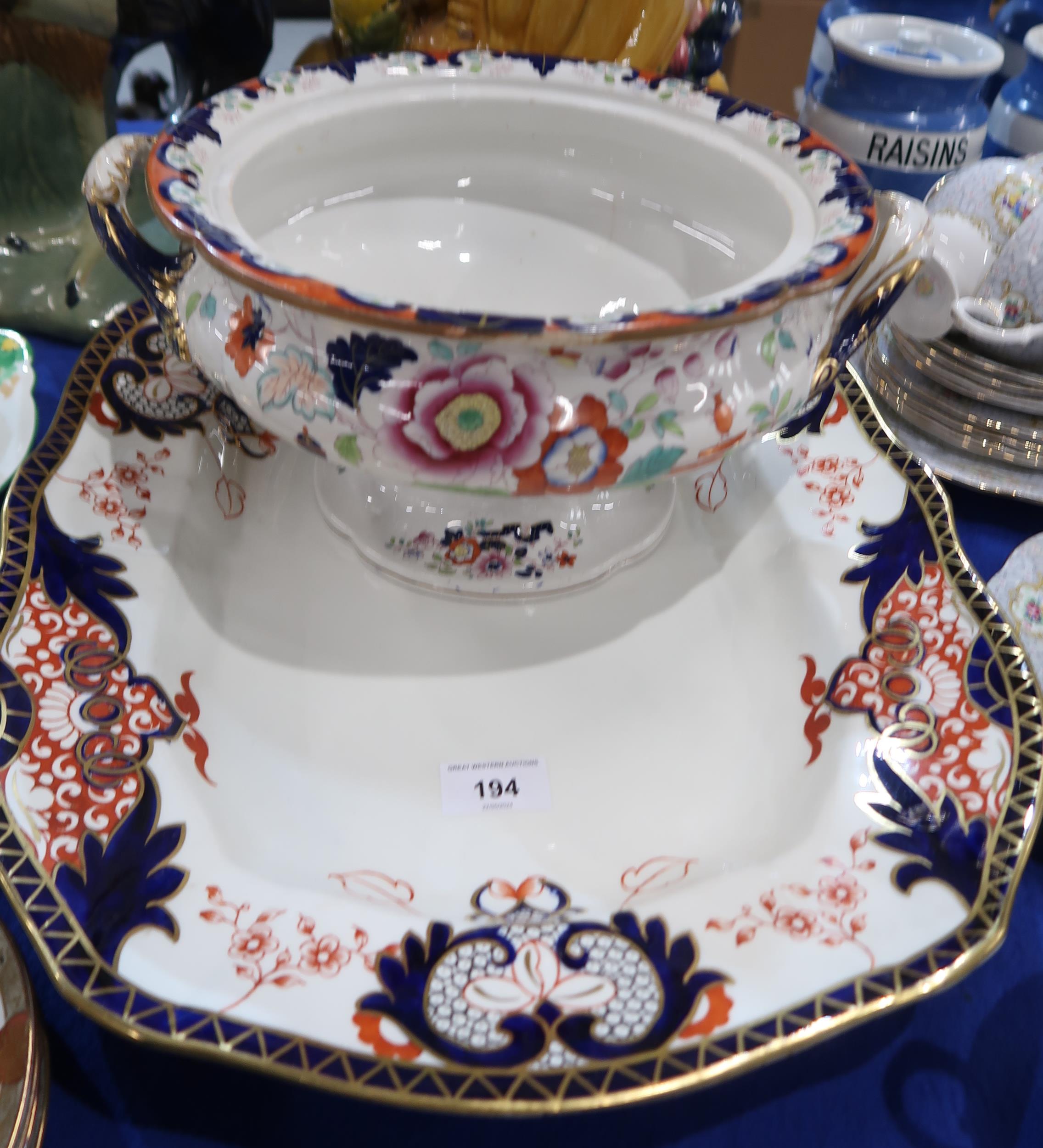 A Royal Crown Derby ashet in imari pattern 3615 together with a Ironstone tureen Condition Report: