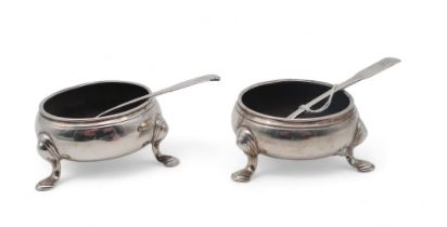 Two George II silver open salts, London 1755?, with two salt spoons by Stephen Adams, London 1808,