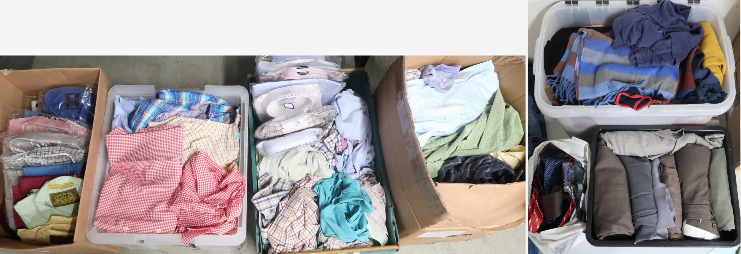 A lot of four boxes of assorted gents shirts, a box of gents trousers, a box of assorted knit