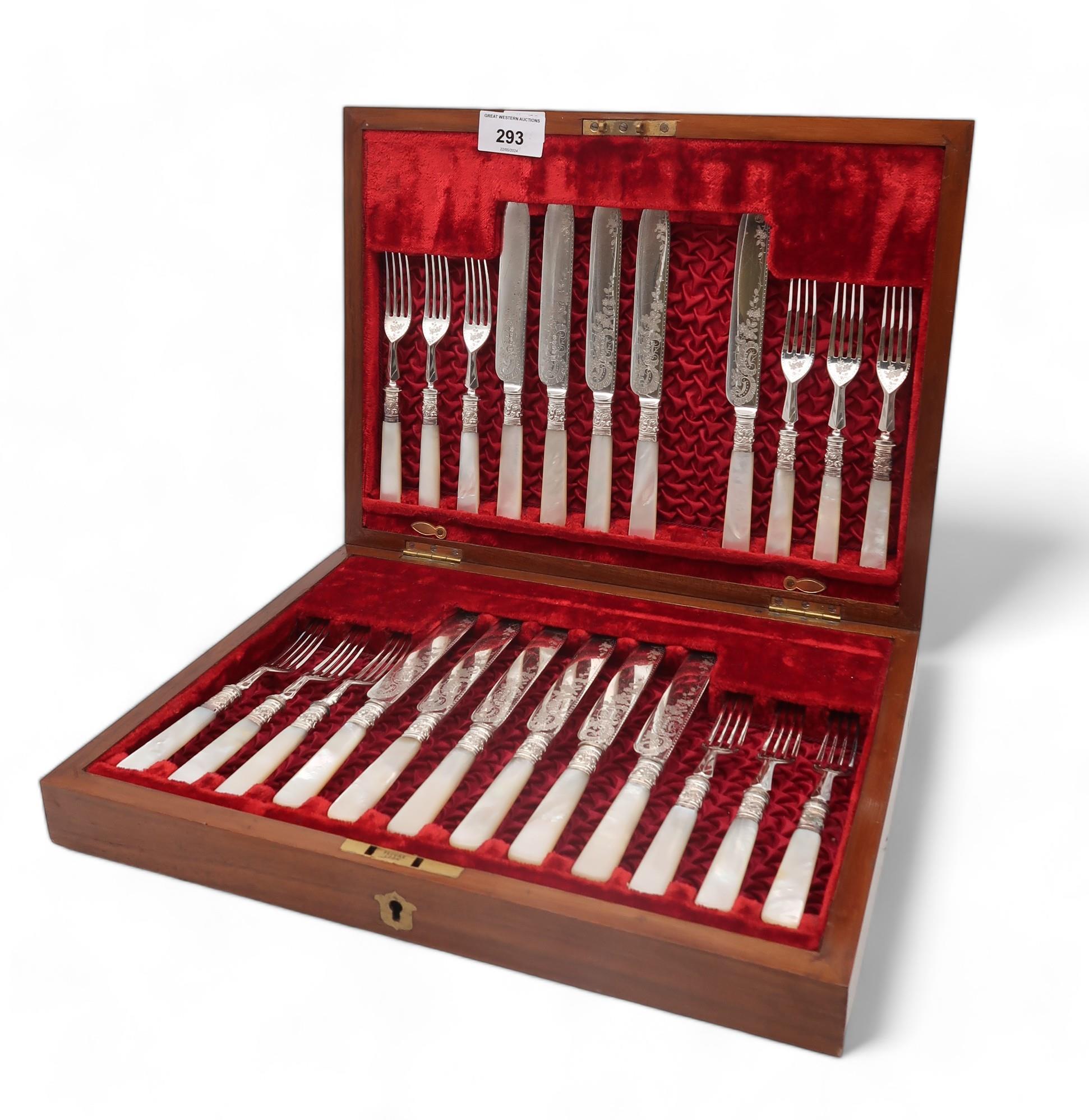 A cased set of EPNS mother of pearl handled fish knives and forks, one knife missing Condition