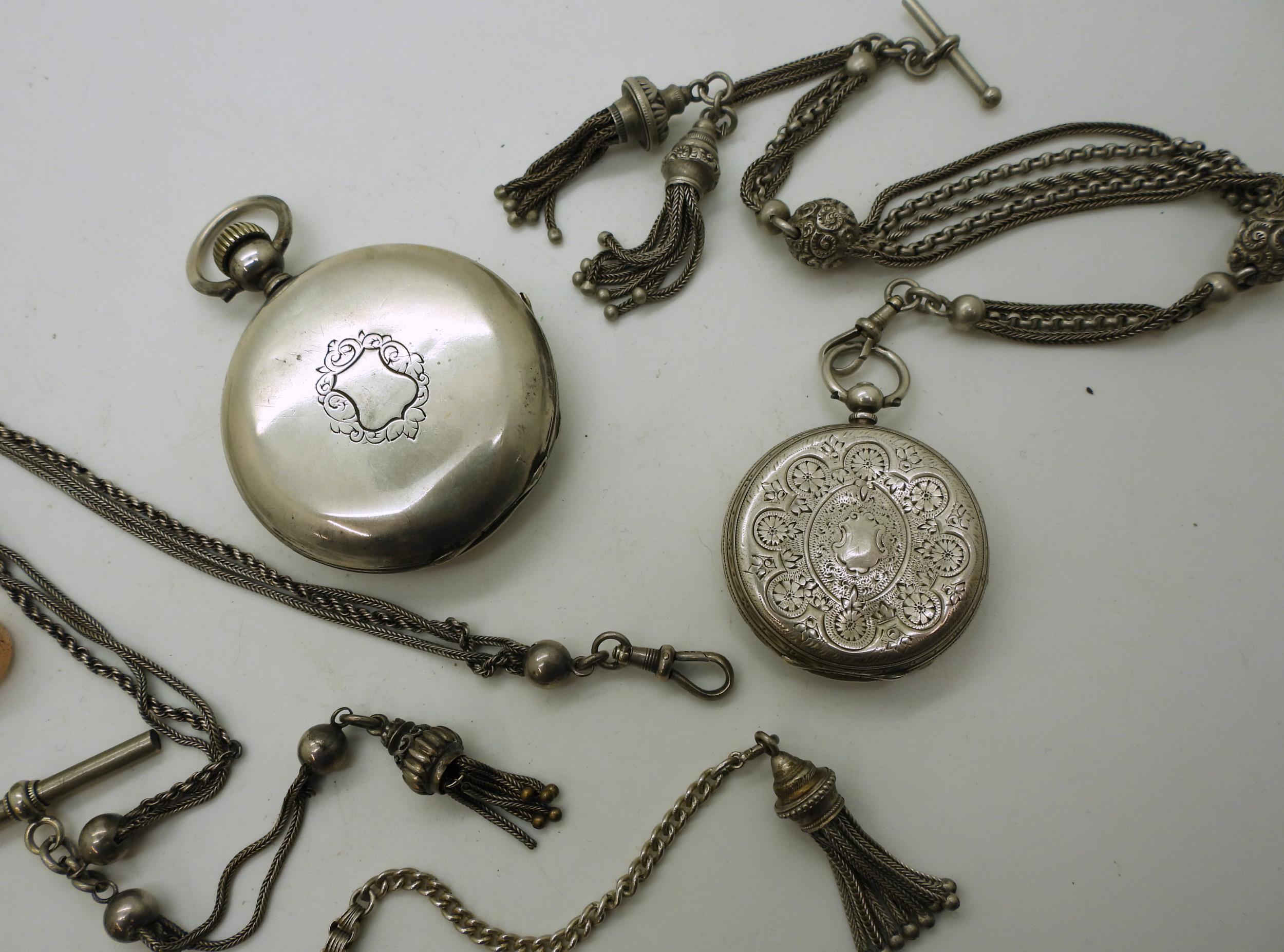 A white metal full hunter 'Patent Lever' pocket watch, a continental silver fob watch, with a - Image 2 of 3