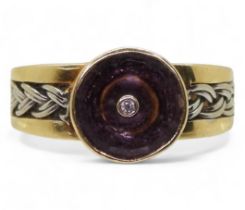 A 9ct gold Glen Lehrer amethyst and diamond ring, with white gold braided shoulder detail. Size S1/