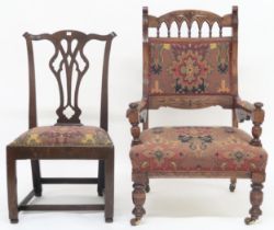 A lot comprising a Victorian oak framed armchair upholstered in geometric Persian style fabric using