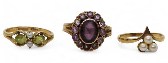 A 9ct gold peridot and pearl ring, size N, a 9ct pearl ring, size k, and a purple gem set ring,