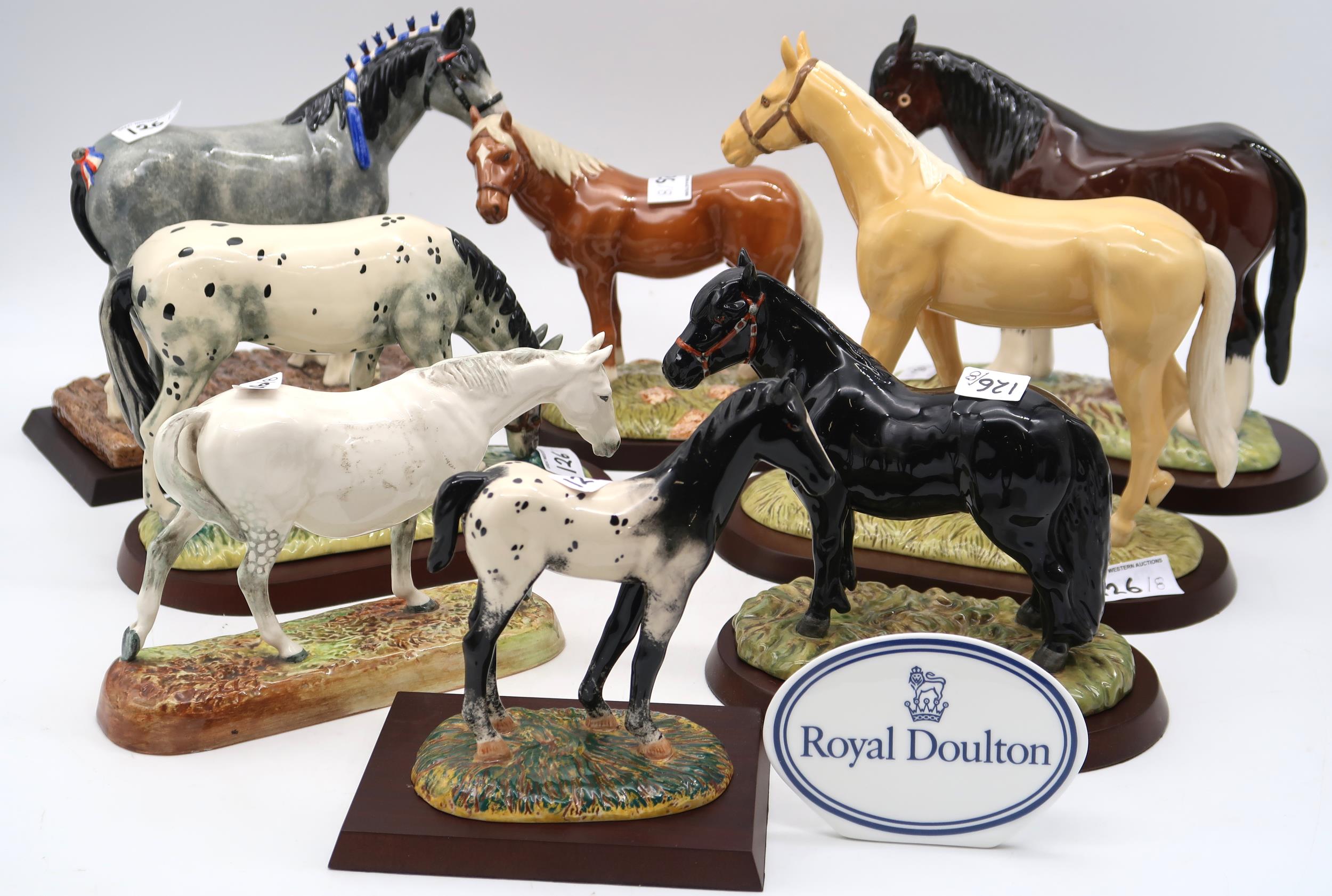 A collection of Royal Doulton horses including Gude Grey Mare HN2569, Shire, Appaloosa and Foal,