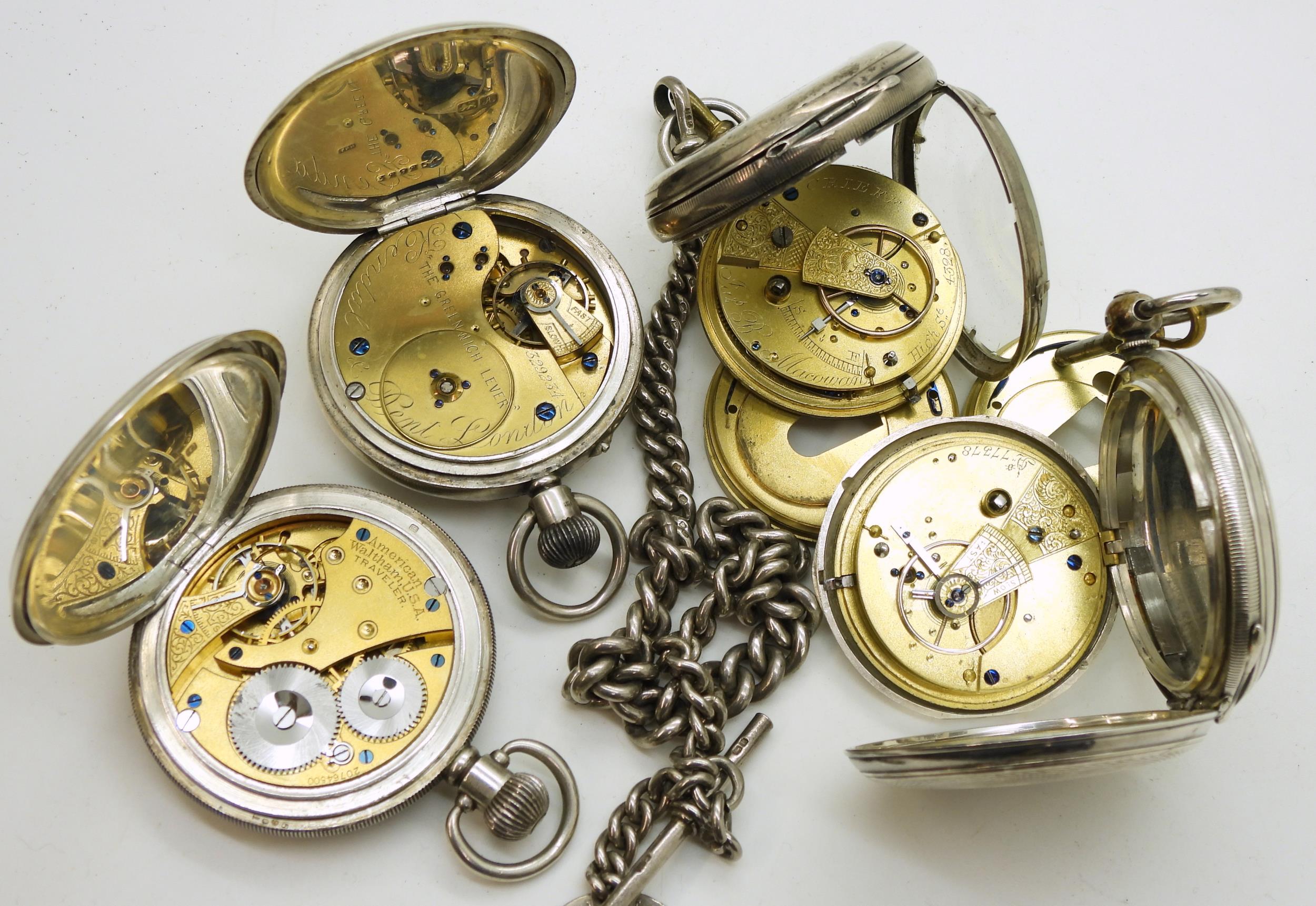 Four silver pocket watches, a silver full hunter, hallmarked London 1876, a Waltham full hunter , - Image 5 of 5