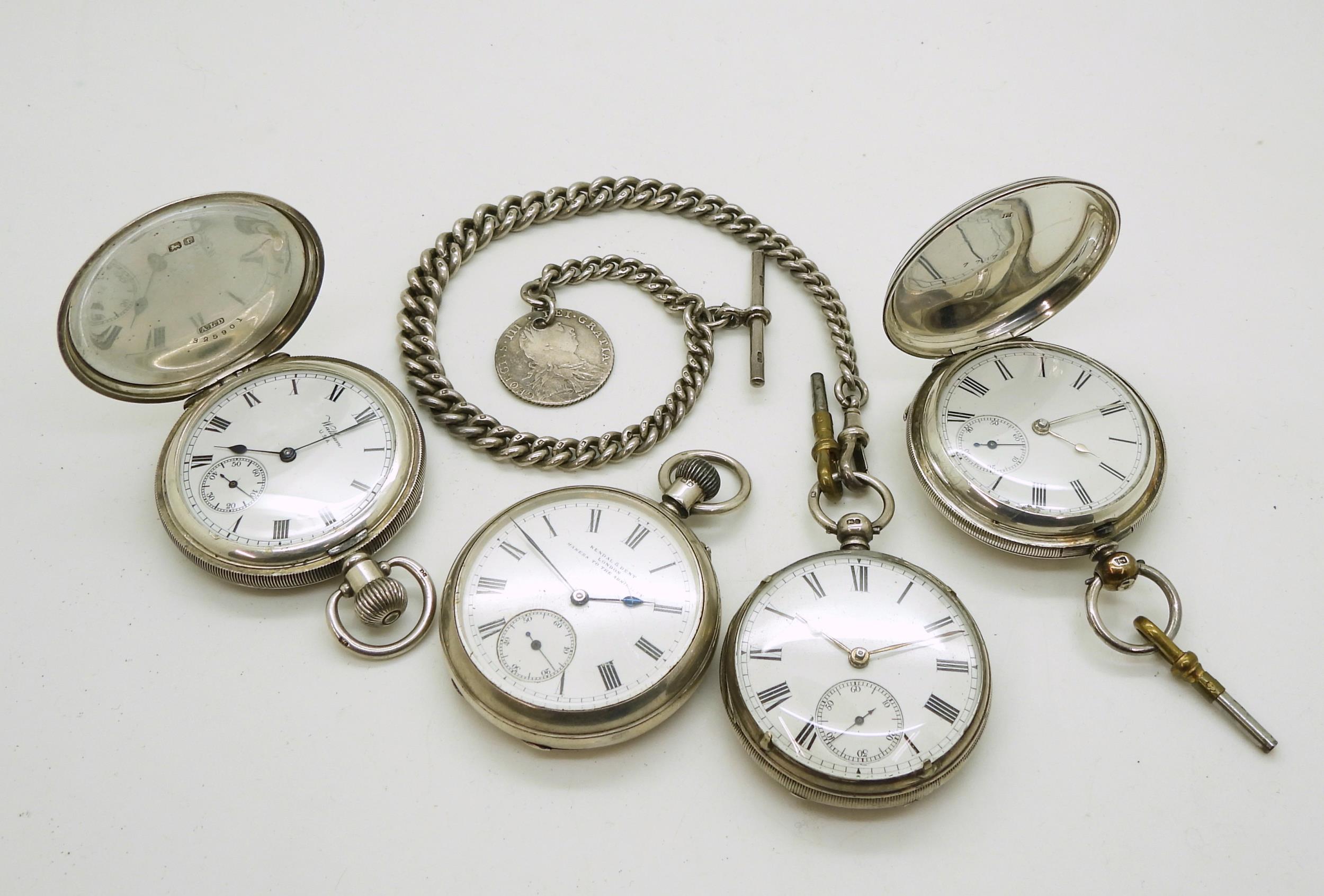 Four silver pocket watches, a silver full hunter, hallmarked London 1876, a Waltham full hunter , - Image 2 of 5