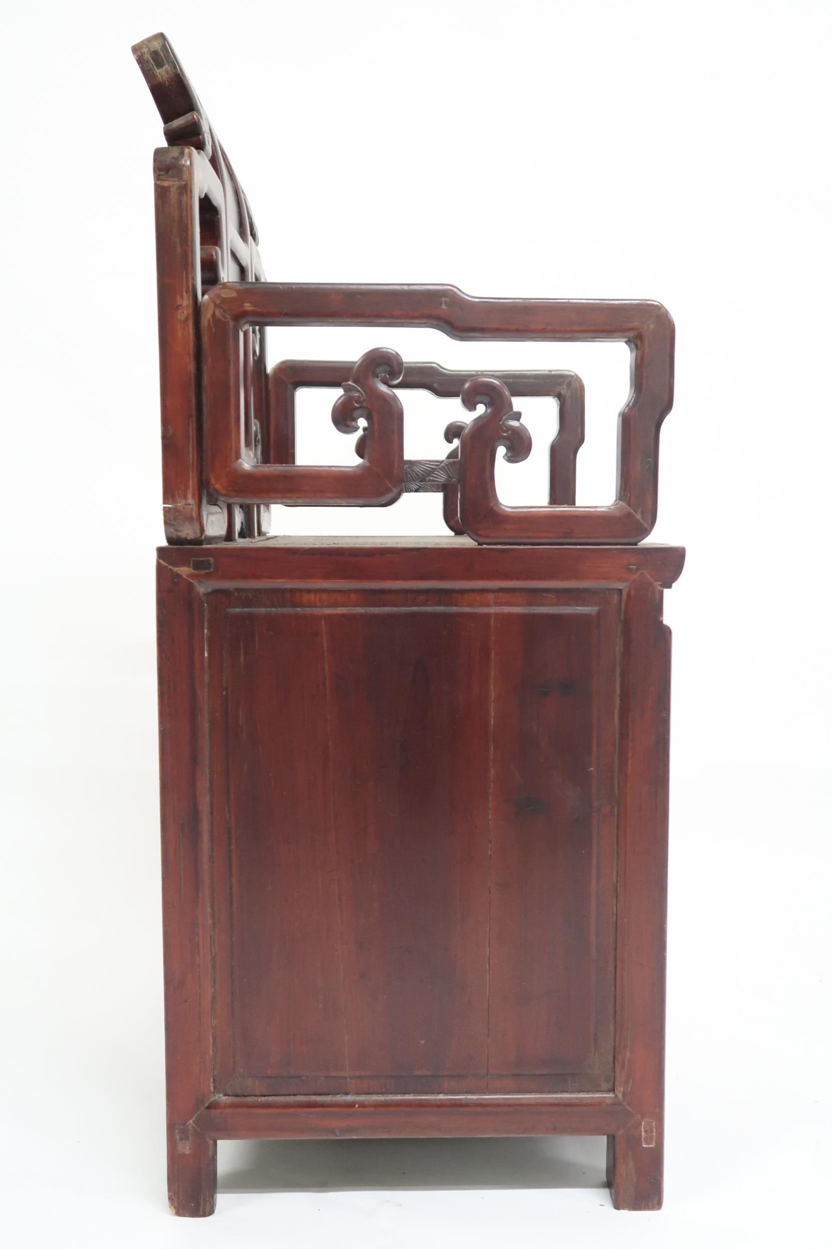 A Chinese hardwood chair with pierced shaped back and arms over hinged seat alongside single - Image 3 of 3