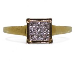 A 9ct gold princess cut diamond cluster ring, set with nine diamonds with an estimated approximate