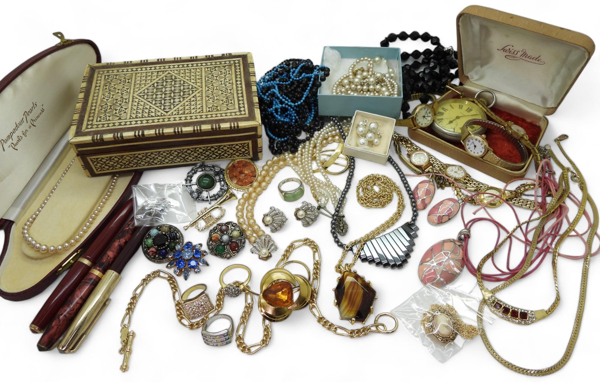 A collection of vintage costume jewellery, to include faux pearls, items by Miracle, watches and two