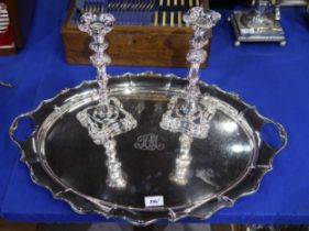 A large Victorian twin handled serving tray, the body lobed, and a pair of Old Sheffield plate