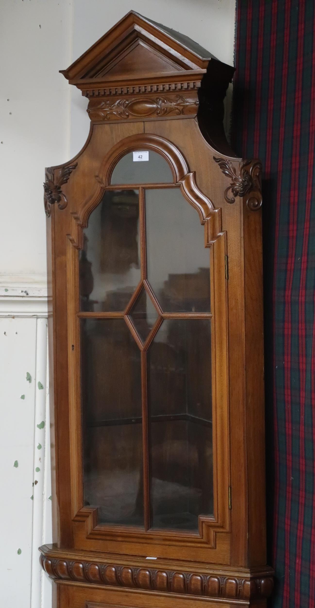 A 20th century reproduction corner display cabinet with architectural style dentil cornice over - Image 2 of 2
