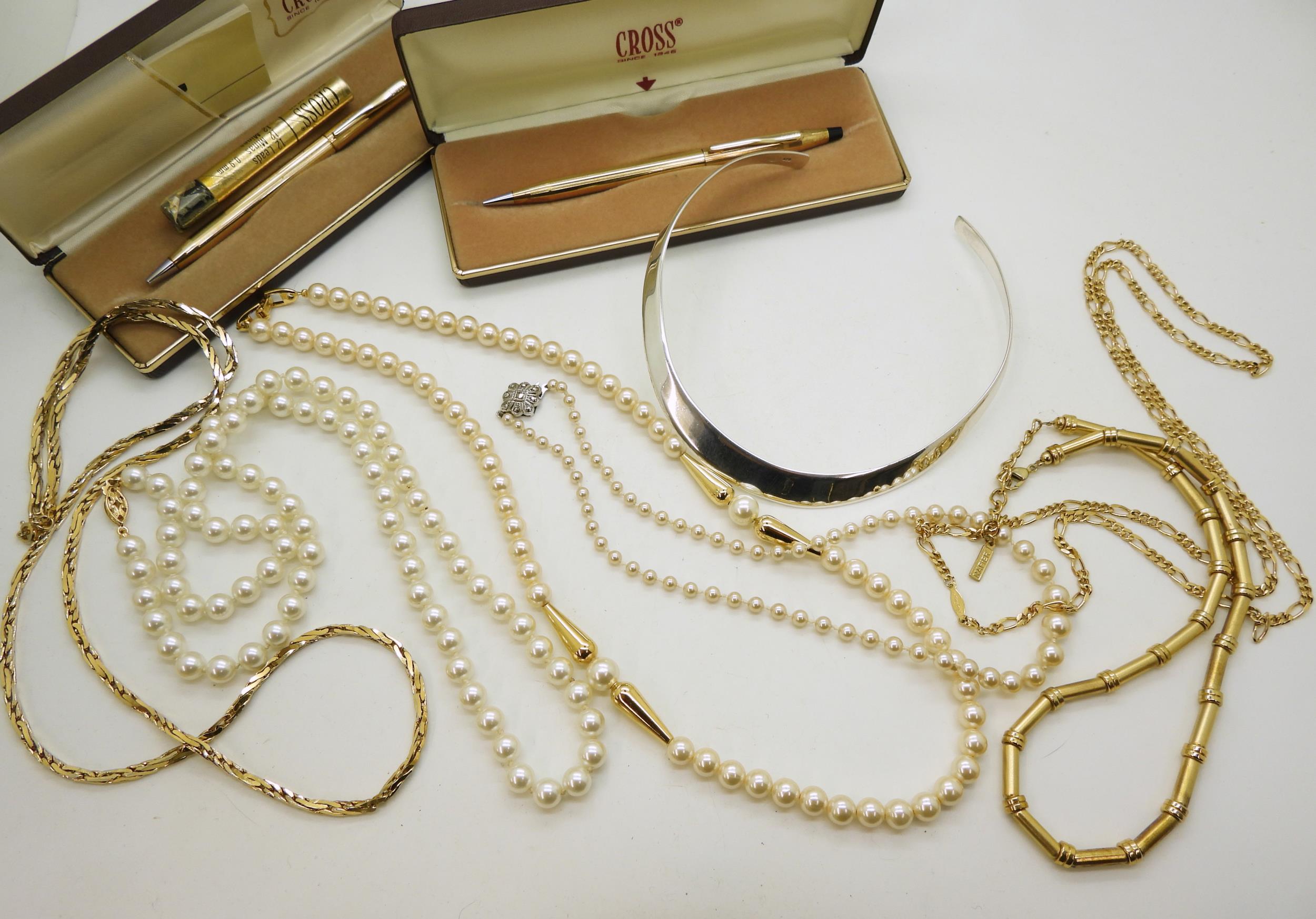 A silver torc necklace, A Cross gold plated pen and pencil set, two Napier costume jewellery - Image 2 of 4