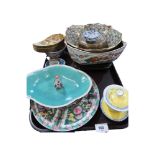 A collection of mainly Chinese ceramics including a Famille rose plate, a dish, a red cameo glass