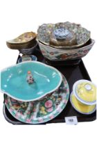 A collection of mainly Chinese ceramics including a Famille rose plate, a dish, a red cameo glass
