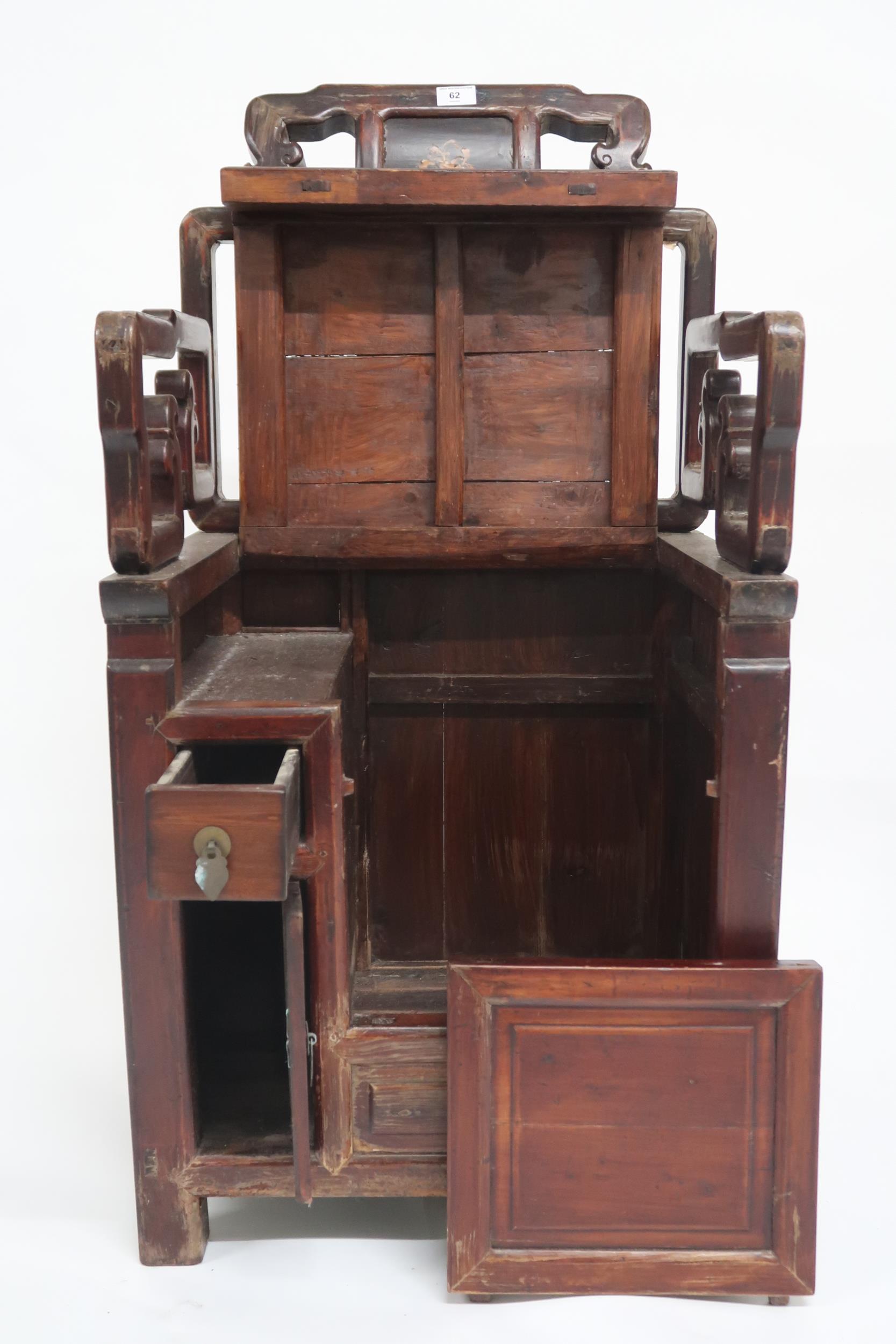 A Chinese hardwood chair with pierced shaped back and arms over hinged seat alongside single - Image 2 of 3