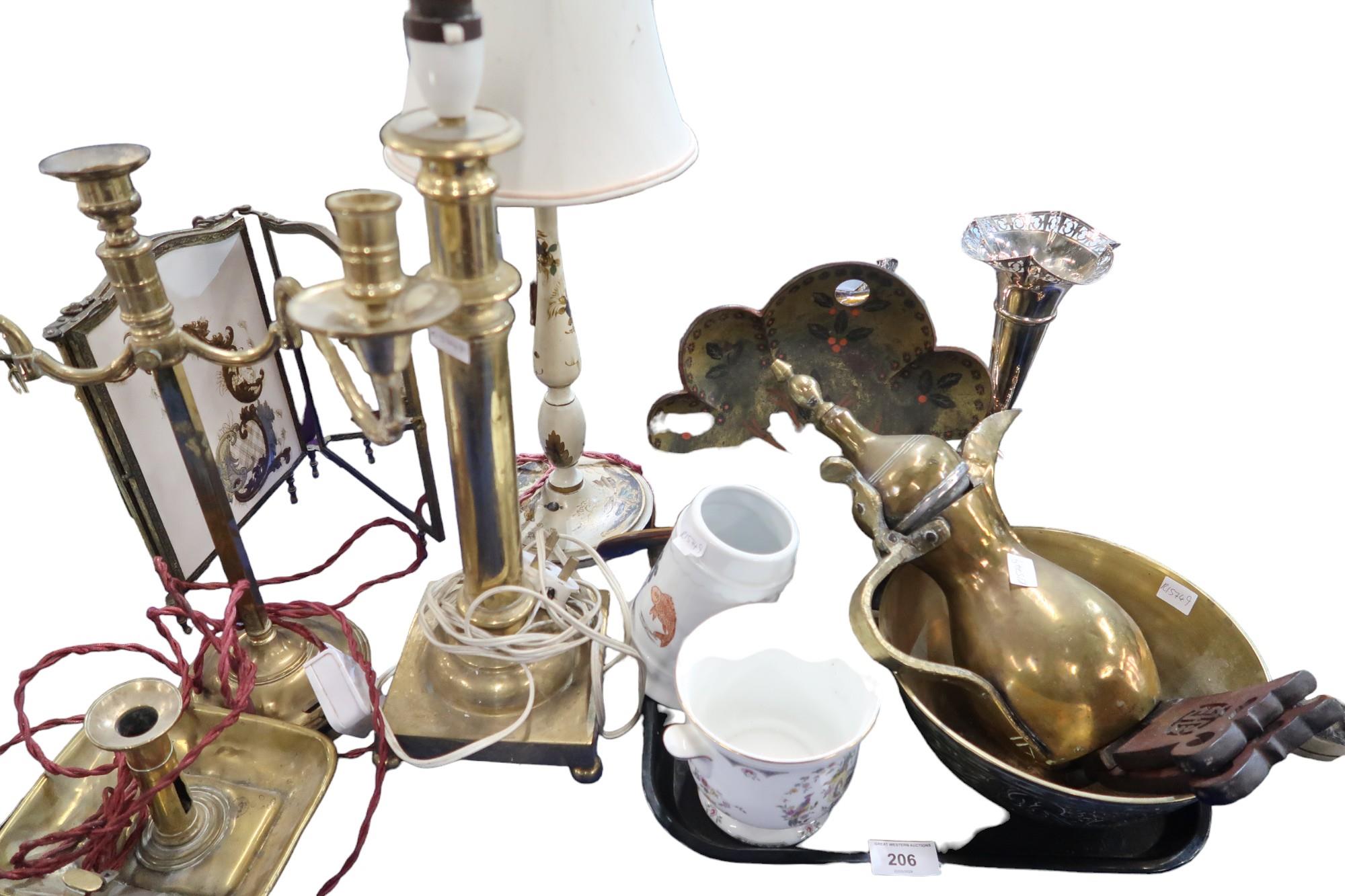 Assorted brassware, a pair of EPNS vases, a free standing mirror etc Condition Report:Available upon