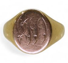 A 9ct gold signet ring, size N1/2, weight 9.1gms Condition Report:Inscribed inside and out, nice