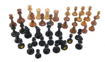 Assorted chess pieces, to include many weighted examples in the Jacques Staunton style; one
