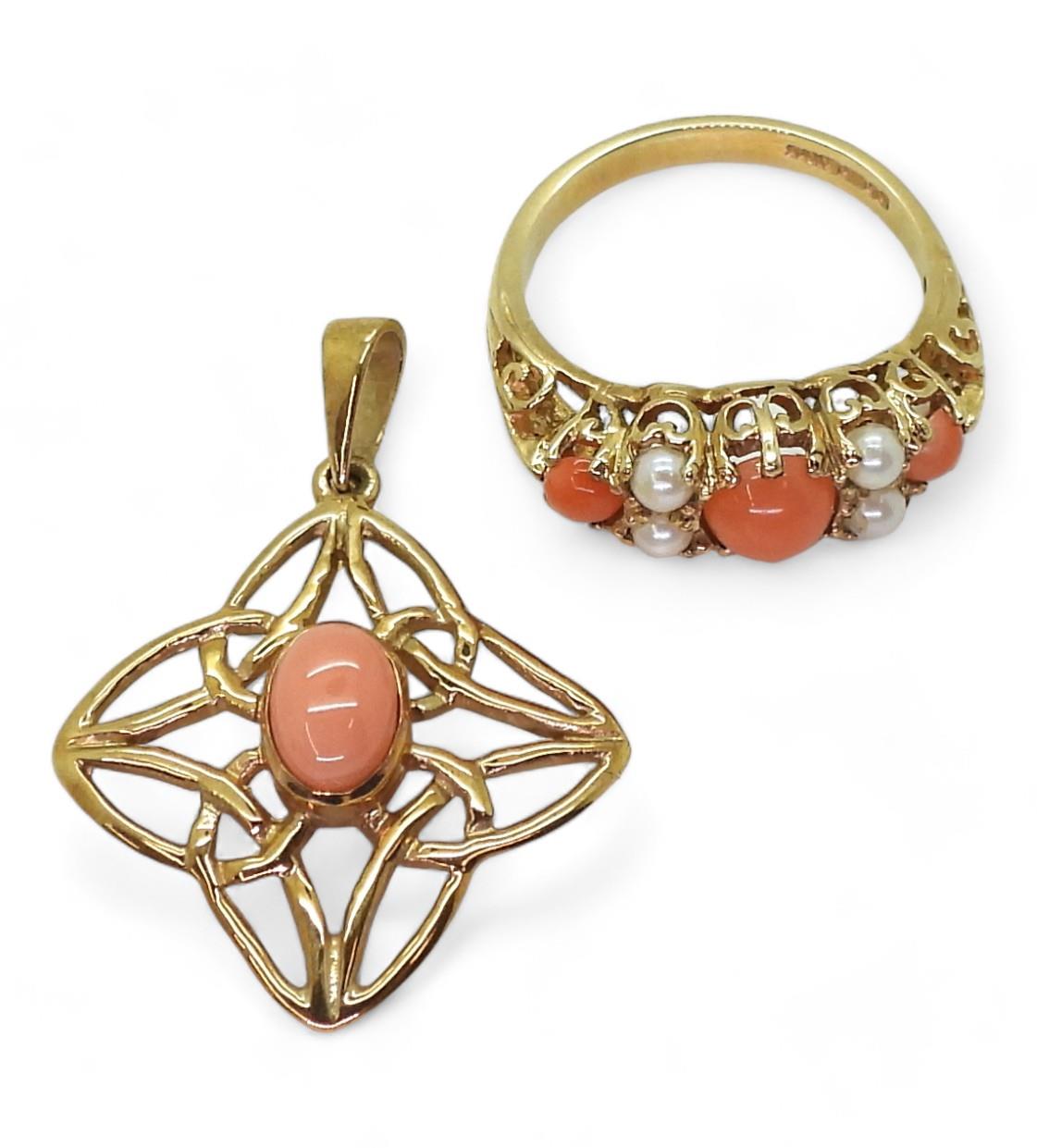 A 9ct gold coral and pearl ring, size O, together with a 9ct coral set pendant weight together 5.